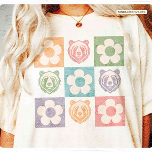 Checkered Bears Flowers SVG PNG Sublimation, Groovy Bears Shirt Design Cut File, Distressed Floral Bear Mama DTF Transfer, DtG Screen Print