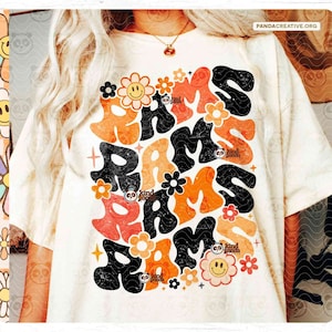 Vintage Rams PNG SVG, Orange-Schwarz-Blumen-College-Maskottchen Sublimation, Spieltag Team Hoodie-Shirt, Groovy Fußball DTF Transfer-Download