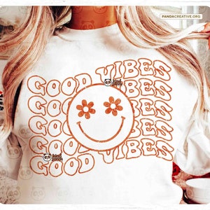 Good Vibes PNG SVG, Sublimación Groovy delineada, Diseño de camisa retro, Cita positiva, Transferencia DTF Boho Smile Face, archivo de sublimación de moda