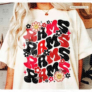 Rojo Negro RAMS Png, Sublimación de mascota del equipo deportivo floral, Camisa retro del día del juego universitario, Descarga digital Groovy Rams Football png