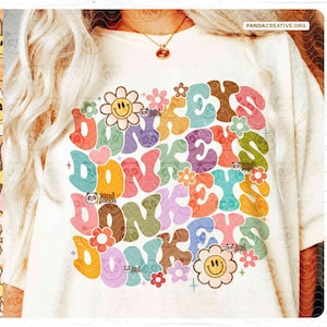 Floral Groovy Donkeys PNG, Sublimación de mascota retro, Diseño colorido de camisa del día del juego, Archivo DTG de transferencia DTF de mascota de burro universitario en apuros