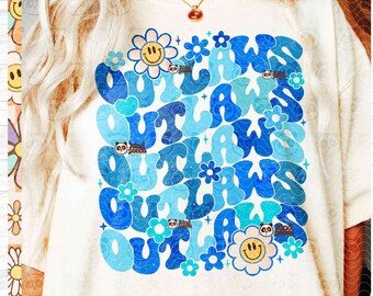 Retro Blue Outlaws PNG, Floral Mascot Sublimation, Groovy Game Day Shirt Design, Distressed College Outlaws Mascot DTF Transfer, DTG Files