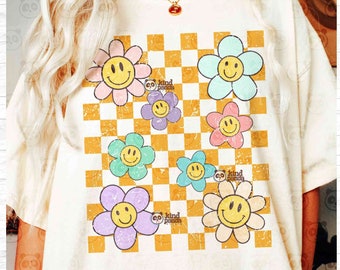 Checkered Happy Flowers PNG Sublimation, Smile Face png Kids Shirt Design, Boho Groovy Flowers, Distressed Vintage Floral shirt png download