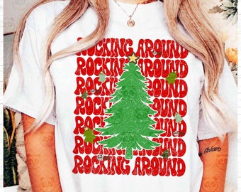 Retro Christmas Tree PNG Sublimation, Rocking Around, Vintage Christmas Vibes, Red Green Xmas Vacation Shirt Sweatshirt DTF Design Download