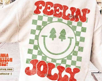 Geruite Jolly Christmas SVG PNG DXF, Retro Xmas sublimatie, glimlach gezicht vakantie T-shirt Design, kerstboom vintage gevoel Jolly Cut-bestand