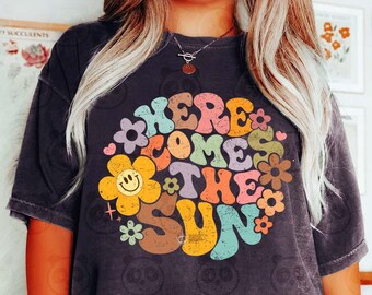 Here Comes The Sun SVG PNG, Retro Summer png Sublimation, Floral Beach png Shirt, Groovy Vacation Girls Trip DTF transfer Cut File