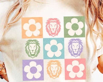 Flowers Lions PNG, Checkered Mascot Shirt Png Sublimation Design, Boho Groovy Floral Lion Mascot png digital download, Retro Lions png file