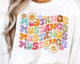 Floral Mustangs SVG PNG, Retro Mustangs Football Sublimation, Groovy College Game Day Shirt Design, Mustangs Mascot DTF design download