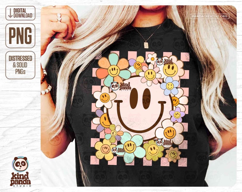May include: Black t-shirt with a large smiley face design surrounded by flowers in pastel colours. The design includes the text "kind panda studio" and a checkered background. Digital download option.