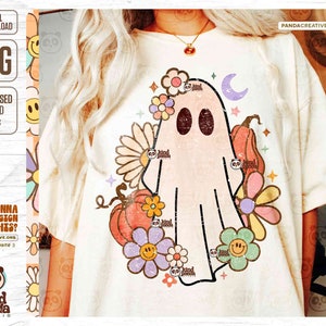 Retro Floral Ghost PNG, Trendy Halloween Kids Sublimation, Spooky Season, Cute Ghost, Vintage Fall Shirt DTG DTF Transfer Design, Download