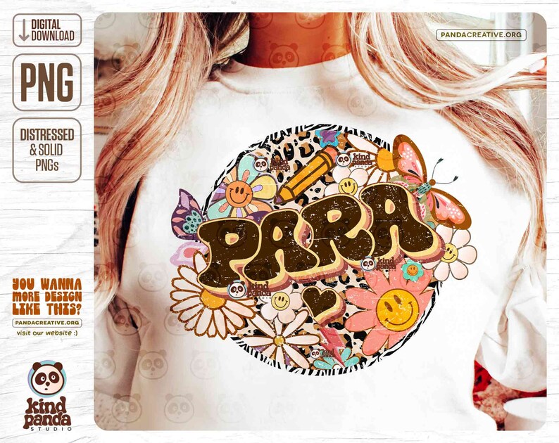 K&ouml;nnte beinhalten: Ein digitales Design mit dem Wort "PARRA" in einer Retro-Groovy-Schriftart mit einem abgenutzten Look. Das Design ist von bunten Blumen, Schmetterlingen und einem Leopardenmuster umgeben. Das Design ist perfekt f&uuml;r die Verwendung auf T-Shirts, Tassen, Tragetaschen und anderen Artikeln.