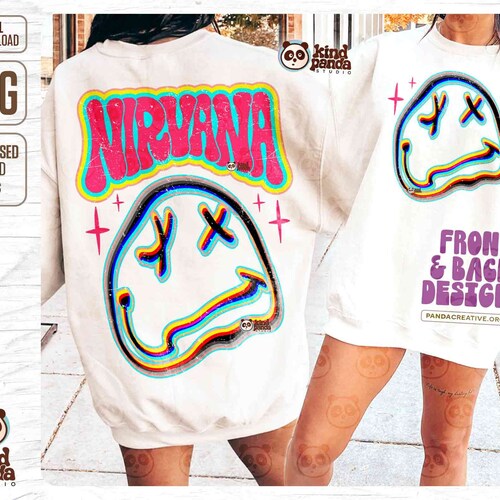 Trendy Happy Face PNG Sublimation, Groovy Neon Summer Hoodie & T-Shirt Front Back Design, Popular Preppy Concert DTF Transfer file design