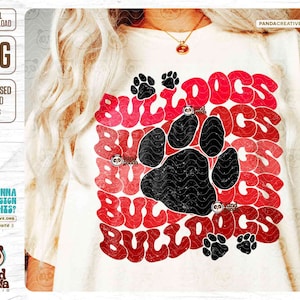Retro Red Bulldogs PNG, Wavy Font Mascot Sublimation, Groovy School Sports Team Game Day Shirt DTF Transfer, Grunge College Bulldog Paws DTG