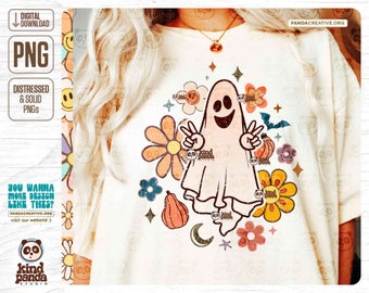 Floral Peace Ghost PNG, Halloween Sublimation, Retro Fall png, Spooky Season, Groovy Halloween Shirt png, Smile Ghost png digital download