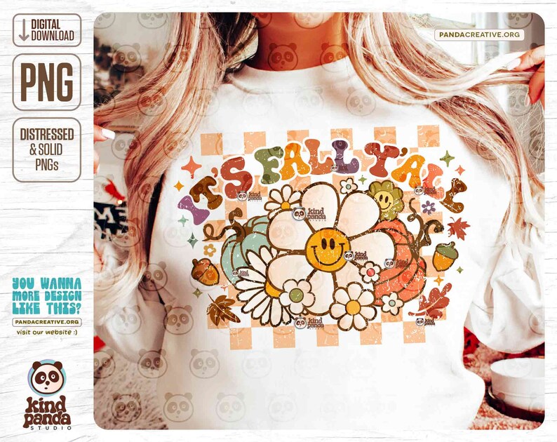 It's Fall Y'all PNG, Checkered Fall Sublimation, Cozy Season, Retro Thanksgiving, Groovy Fall Shirt Design Vintage fall png digital download