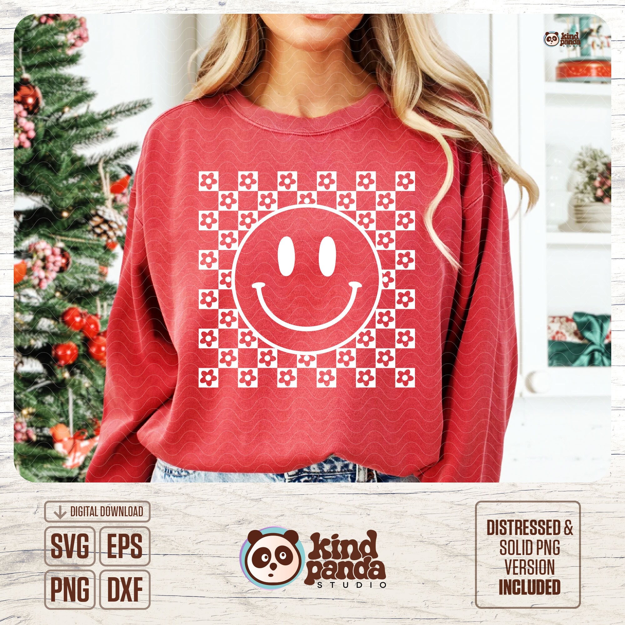 Smile Face Flowers SVG PNG, Checkered Happy Shirt Sublimation
