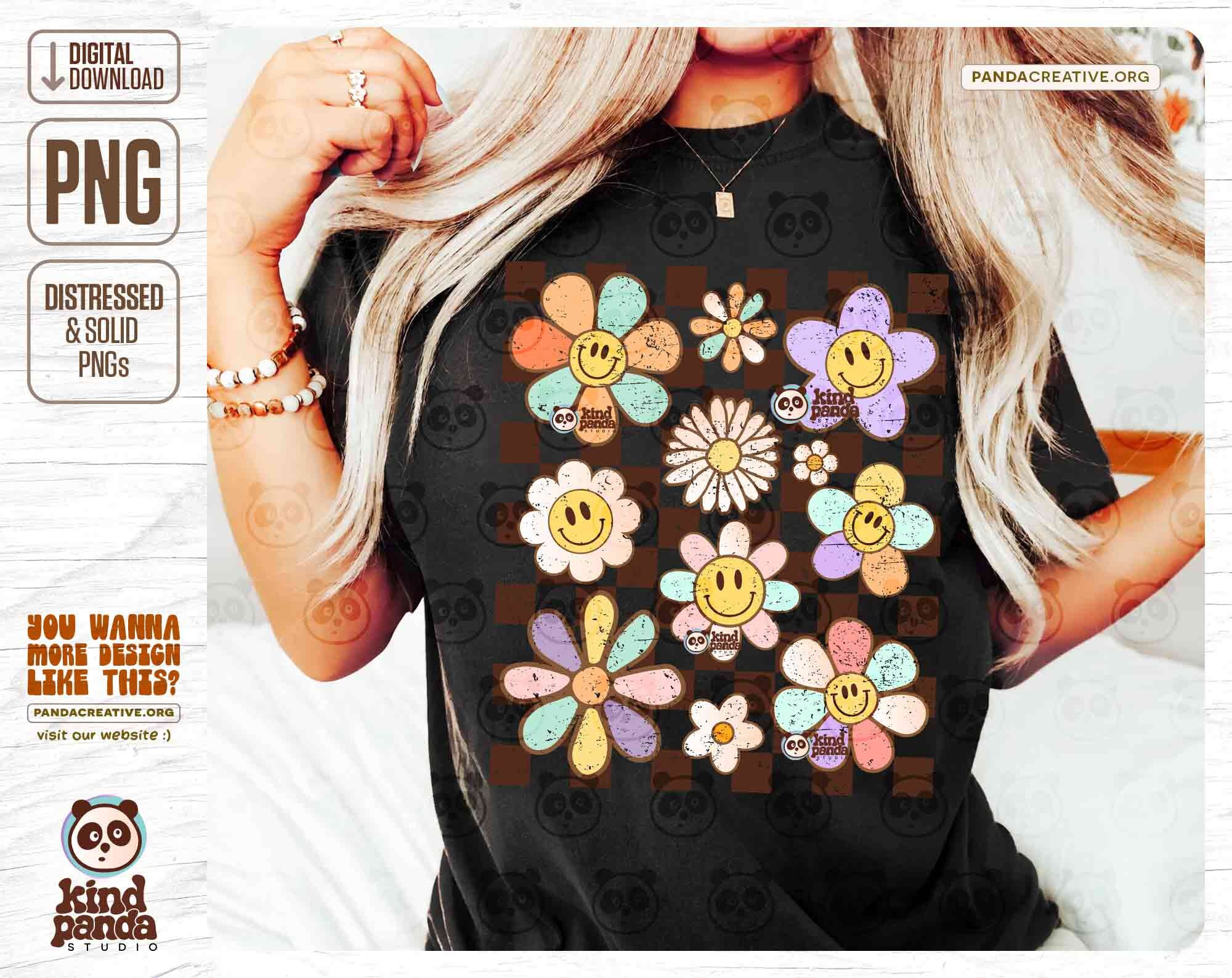 Retro Checkered Flowers PNG Sublimation, Daisy Vintage Kids Shirt ...