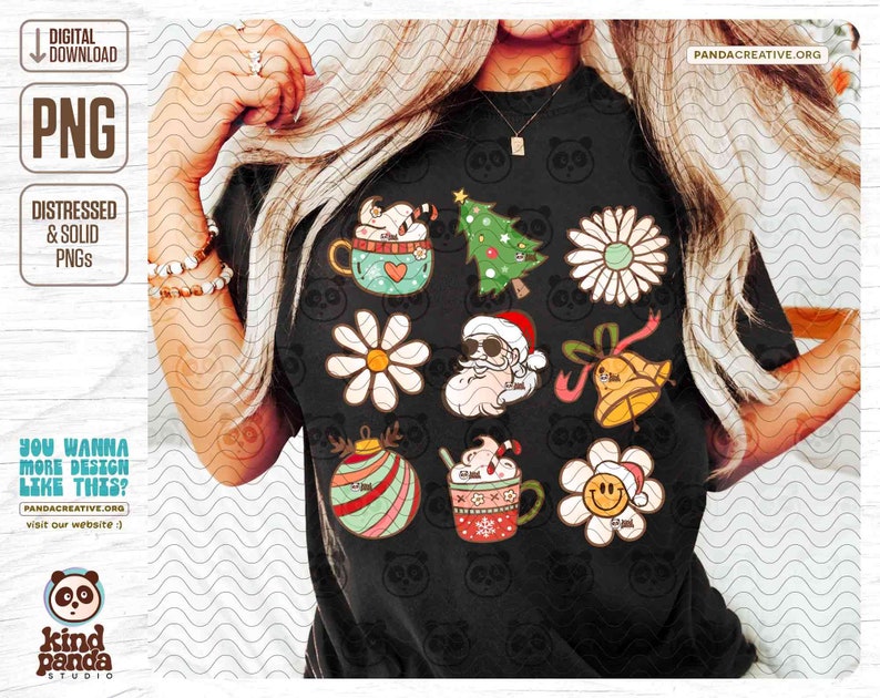 May include: Black t-shirt featuring a collection of Christmas-themed graphics. Designs include a Santa Claus, Christmas tree, daisy, ornament, bell, and coffee cup. The shirt also has the text "DIGITAL DOWNLOAD" and "PNG".