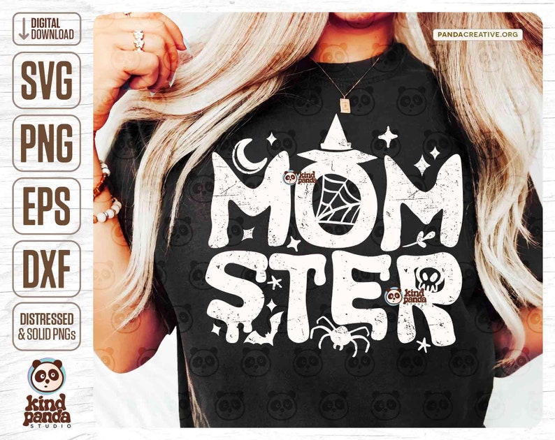 May include: A black t-shirt with a white graphic design that says "Momster" with a witch's hat, spider web, spider, and stars.