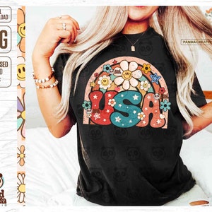 Smile Face Floral USA PNG, Distressed America Shirt Sublimation, Grunge Rainbow Kids png Design, Vintage 4th of July DtF Transfer Dtg Screen Print