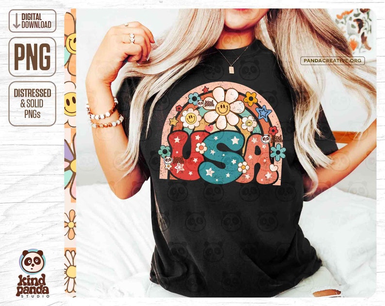 Smile Face Floral USA PNG, Distressed America Shirt Sublimation, Grunge Rainbow Kids png Design, Vintage 4th of July DtF Transfer Dtg Screen Print