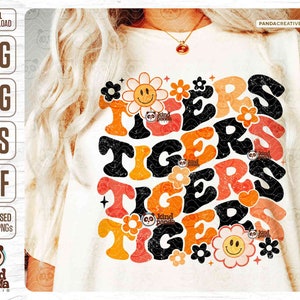 Vintage Tigers PNG SVG, Retro Orange Black Tigers Mascot Sublimation, College Team Game Day Shirt DTF Transfer, Floral Sports Screen Print