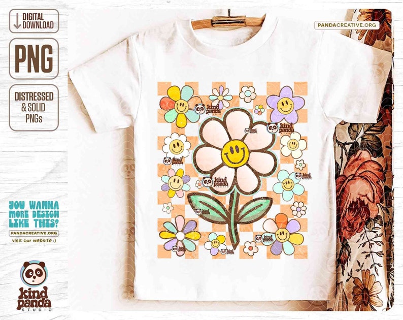 Smile Face Checkered Flowers PNG - Vintage Shirt Png Sublimation, Happy ...