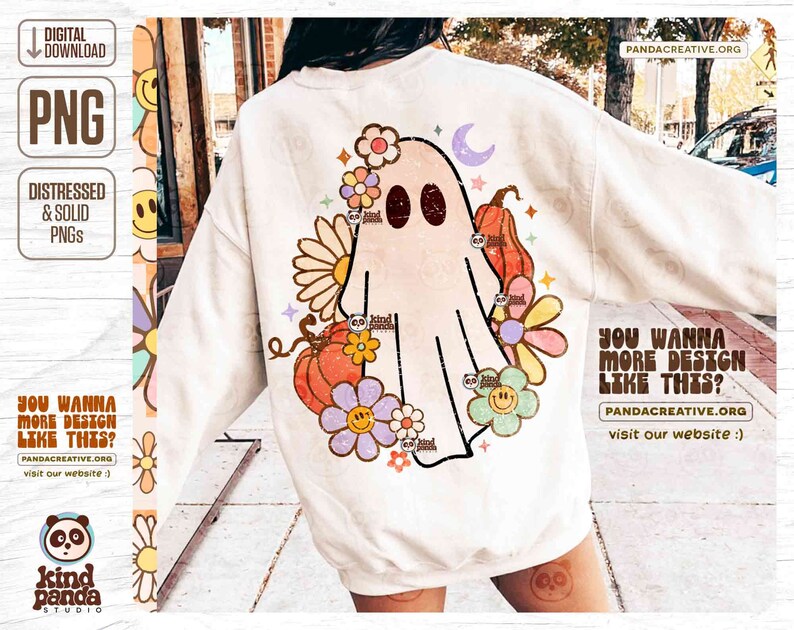 Retro Floral Ghost PNG, Trendy Halloween Kids Sublimation, Spooky Season, Cute Ghost, Vintage Fall Shirt DTG DTF Transfer Design, Download
