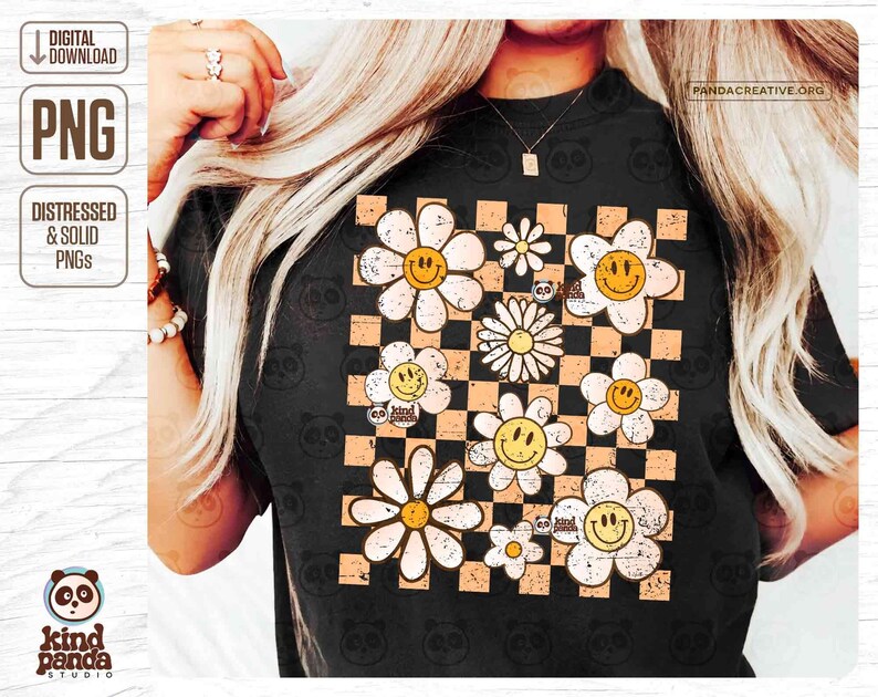 checkered flowers png summer smile face flowers retro flowers png download dtf transfer design