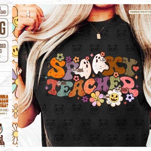 Spooky Teacher PNG, Floral Ghost Teacher png, Groovy Halloween Sublimation, Retro Fall Teacher Shirt Design, Autumn Teaching png Download