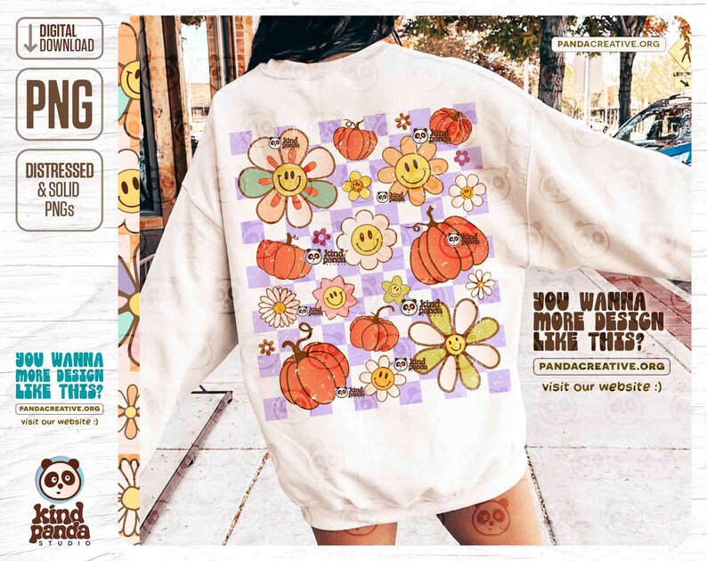 Vintage Fall PNG Shirt Design, Retro Checkered Thanksgiving DTF Sublimation, Floral Autumn png, Smile Face Pumpkins Flowers png download