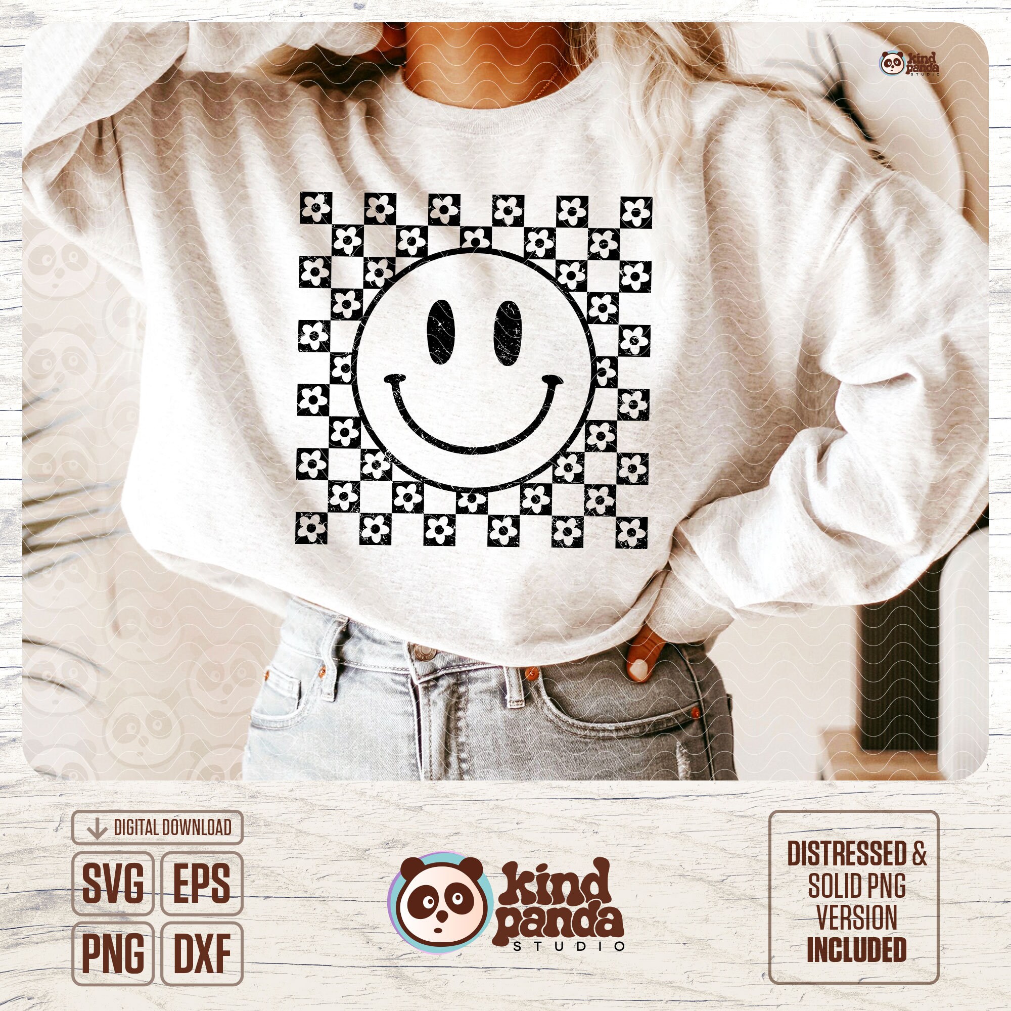 Smile Face Flowers SVG PNG, Checkered Happy Shirt Sublimation