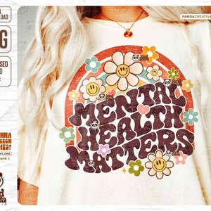 Retro Mental Health Matters PNG, Vintage Shirt Sublimation Design, Grunge Smile Face Floral DTF Transfer, Aesthetic Boho Clipart Download