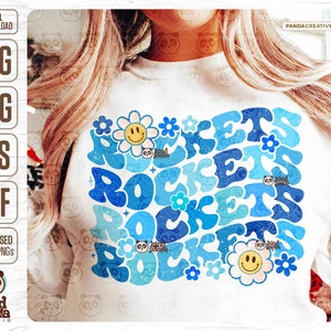 Retro Blue Rockets PNG SVG, Florale Maskottchen Sublimation, Groovy Spieltag Shirt DTF Transfer, American Football Rockets Png digitaler Download