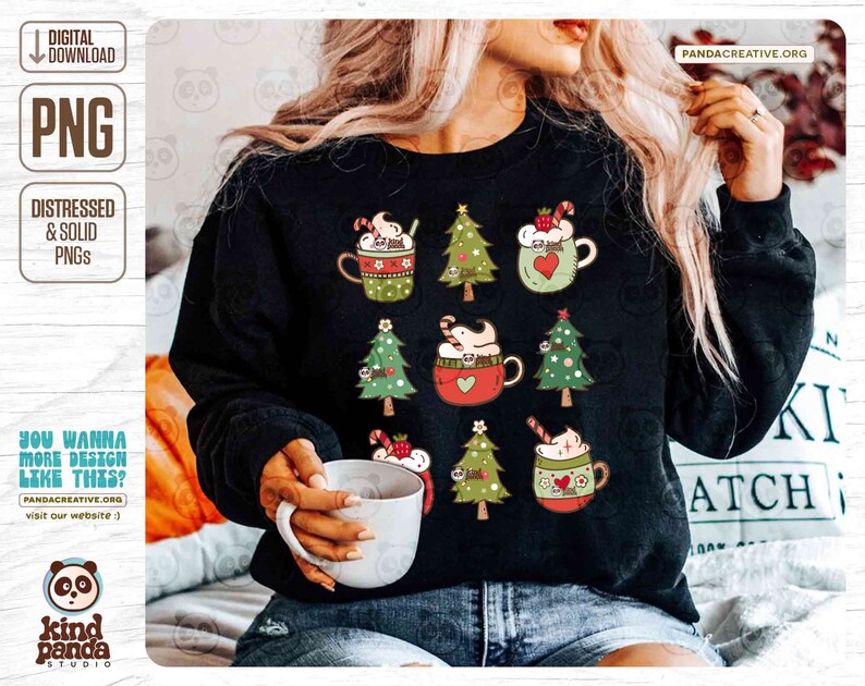 May include: Black sweatshirt featuring a repeating pattern of Christmas trees and mugs of hot chocolate with whipped cream, candy canes, and strawberries. The design includes the text "DIGITAL DOWNLOAD" and "PNG". The sweatshirt is from Panda Creative Studio.