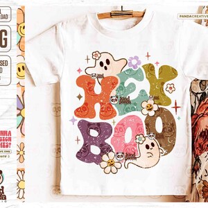 Hey Boo PNG, Retro Halloween png sublimation, Kids Spooky Shirt Design, Faboolous, Trendy Floral Cute Ghost png digital download