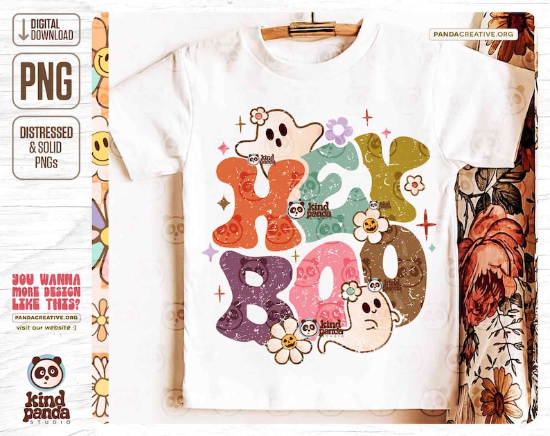 Hey Boo PNG, Retro Halloween png sublimation, Kids Spooky Shirt Design, Faboolous, Trendy Floral Cute Ghost png digital download