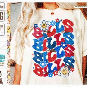 Red Blue Bills PNG, sublimação de mascote floral, moletom Groovy Bills Cheer Girls png, transferência DTF de camisa de dia de jogo, equipe de esportes universitários png