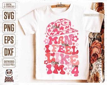 4to cumpleaños SVG PNG Sublimación retro, Pink Groovy CowGirl Cuarto cumpleaños, Floral Western Princess Bday Party Shirt Design, Me siento como 4