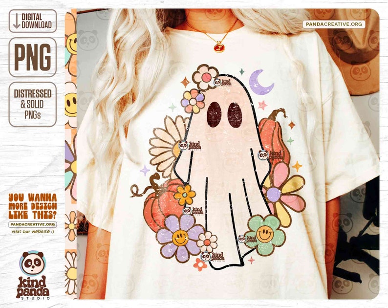 Retro Floral Ghost PNG, Trendy Halloween Kids Sublimation, Spooky Season, Cute Ghost, Vintage Fall Shirt DTG DTF Transfer Design, Digital Download