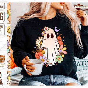 Retro Floral Ghost PNG, Trendy Halloween Kids Sublimation, Spooky Season, Cute Ghost, Vintage Fall Shirt DTG DTF Transfer Design, Download