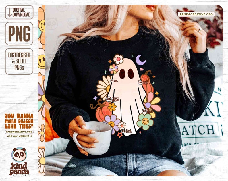 Retro Floral Ghost PNG, Trendy Halloween Kids Sublimation, Spooky Season, Cute Ghost, Vintage Fall Shirt DTG DTF Transfer Design, Download