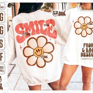 Smile Daisy SVG PNG Retro Sublimation, Esthetische Hoodie T-Shirt Front Back Design, Distressed Groovy Happy Preppy Dtg DTF Transfer, Cut File