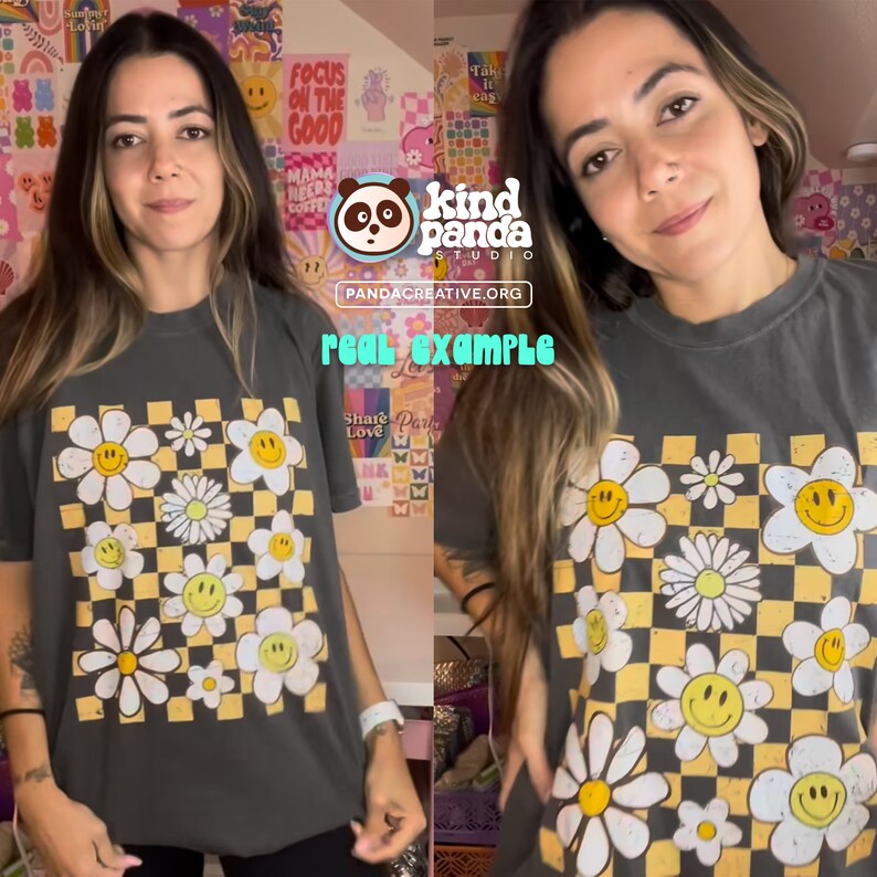 K&ouml;nnte beinhalten: Ein graues T-Shirt mit einem karierten Muster und G&auml;nsebl&uuml;mchen mit Smiley-Gesichtern. Der Text "kinda panda studio" und "PANDACREATIVE.ORG" ist auf dem T-Shirt aufgedruckt. Der Text "real example" ist in gr&ouml;&szlig;erer Schrift gedruckt.