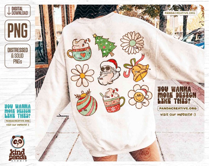 May include: White sweatshirt featuring various Christmas-themed graphics, including a Christmas tree, Santa Claus, and a smiling flower. The design also includes coffee mugs and a bell. The text "DIGITAL DOWNLOAD PNG" is visible.