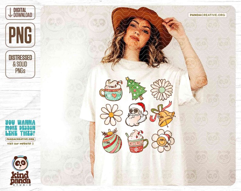 May include: A white t-shirt featuring a collection of colorful Christmas-themed graphics. Designs include a dog in a mug, a Christmas tree, daisies, Santa Claus, a bell, and a smiling flower. The shirt has the text "DIGITAL DOWNLOAD PNG DISTRESSED & SOLID PNGS".