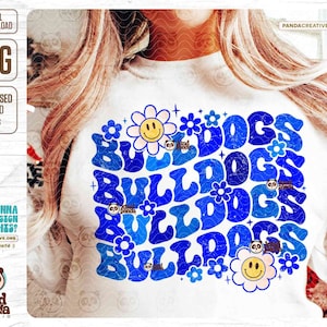Navy Color Bulldogs PNG, Floral Mascot Shirt DTF Transfer, Groovy College Football Team, Blue Bulldogs Screen Print Sports Cheer Sublimation