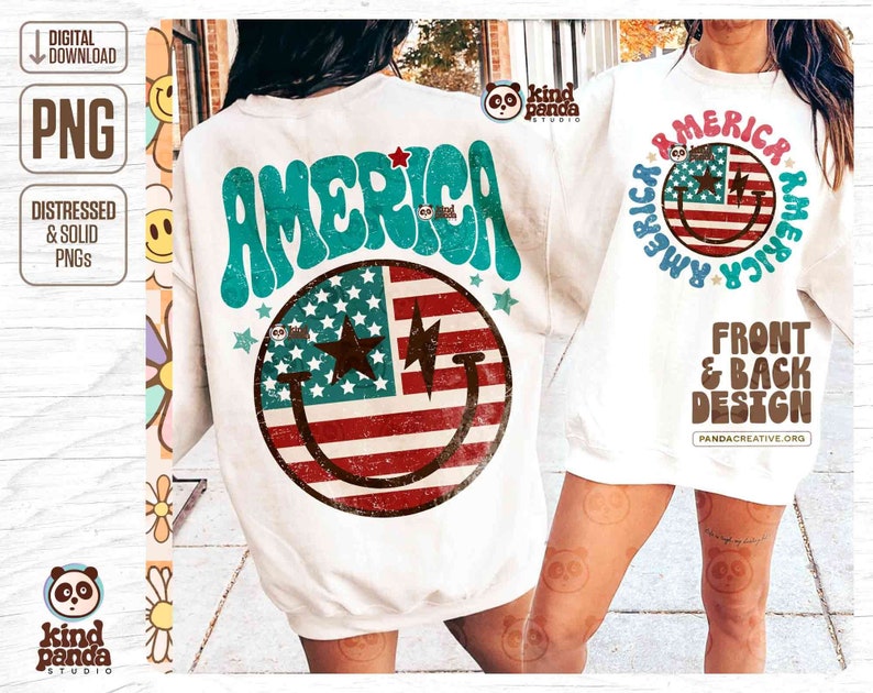 Vintage America PNG, Front & Back Design, Retro USA png Shirt Sublimation, Groovy 4th of July png, Distressed Summer Hoodie DTF Transfer png Digital Download