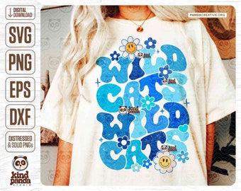 Vintage Wildcats PNG SVG, Blue Floral Mascot Wildcats Cut File, Groovy Football Sublimation, Baseball Game Day Shirt Design, Cheer DTF DtG