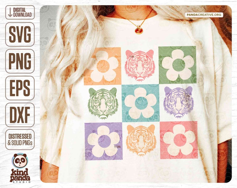 Flowers Checkered Tigers SVG PNG DXF, Retro Mascot Shirt Png ...